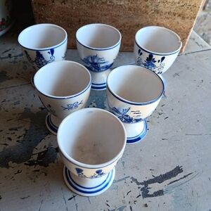Vintage Holland Delft Blue Large Egg Cups Hand Painted Windmill Floral set of 6